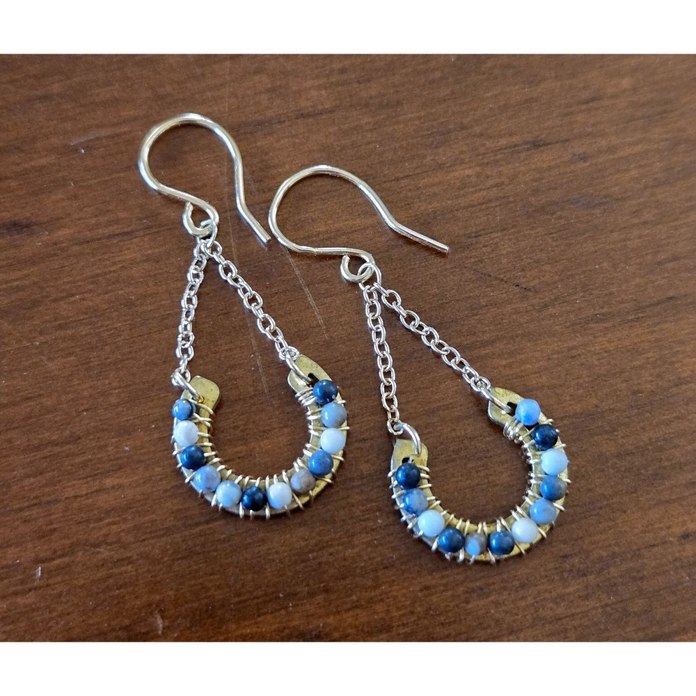 Boho Gypsy Handmade Picasso Jasper Gold Tone Wire Wrapped Horseshoe Earrings - Picture 2 of 4
